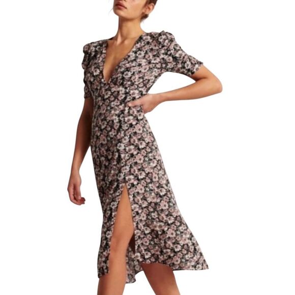 NWOT Abercrombie & Fitch Black Floral Back Cut Out Detailing Midi Dress Women's - Picture 1 of 13